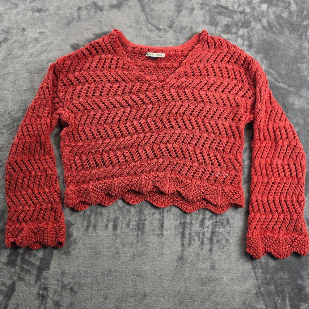 American Eagle Sweater Women Small Red Cropped Pointelle V-Neck Scalloped Hem